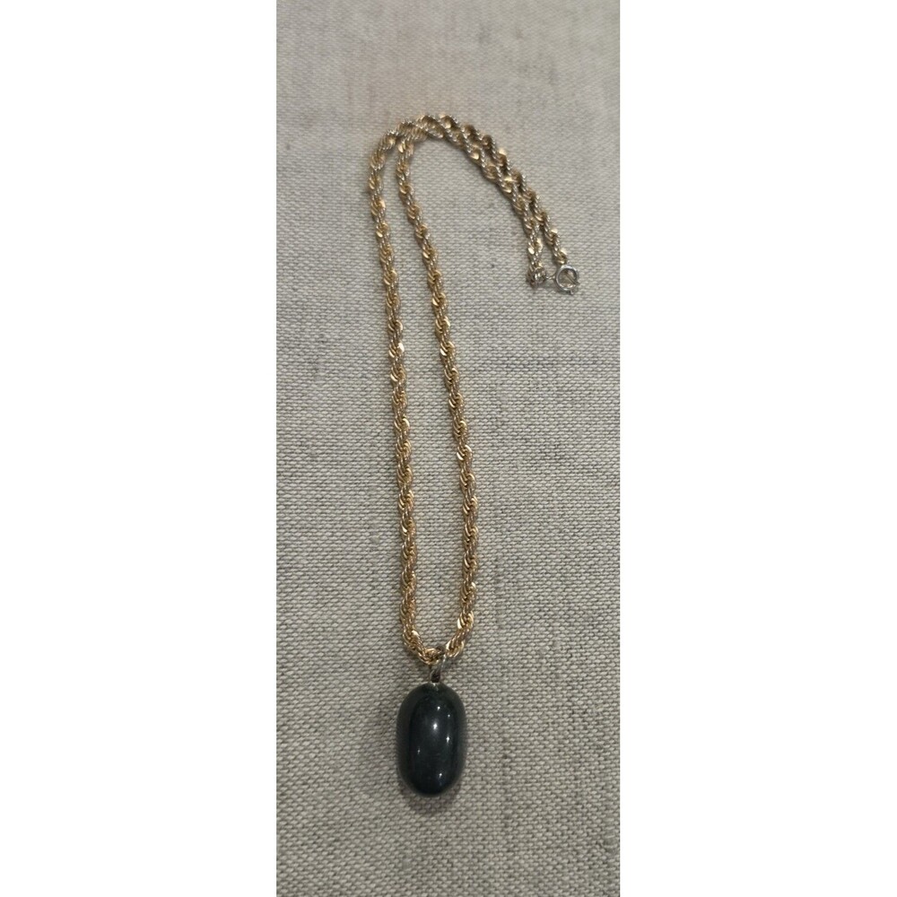 Vintage Dark Green Jadeite Jade Cabochon Pendant Necklace Gold Tone Rope Chain